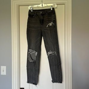 American Eagle Outfitters Black Denim High-Rise Distressed Mom Jeans